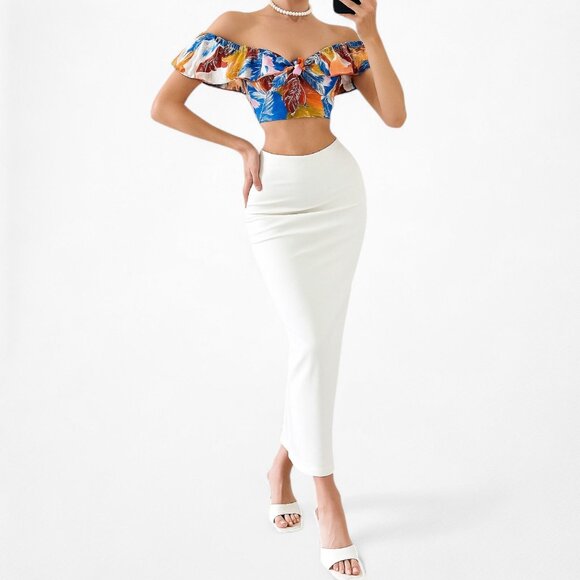 Zara Off Shoulder Blue Yellow Tropical Print Ruffle Bow Front Crop Top Size S - Picture 2 of 6